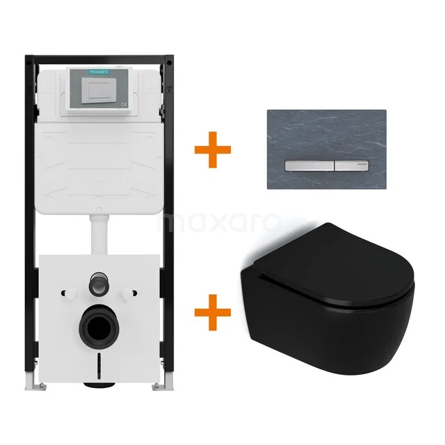 Toiletset Mat zwart zonder Spoelrand + Maxaro Flush Pro inbouwreservoir met geluidsisolatie TOI2377
