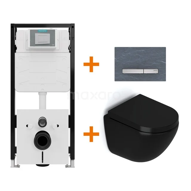 Toiletset Mat zwart zonder Spoelrand + Maxaro Flush Pro inbouwreservoir met geluidsisolatie TOI2385