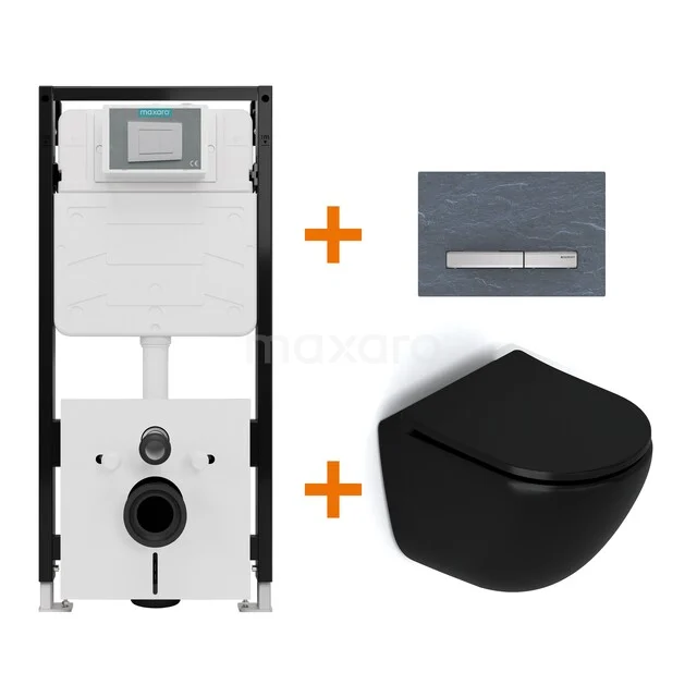 Toiletset Mat zwart zonder Spoelrand + Maxaro Flush Pro inbouwreservoir met geluidsisolatie TOI2386