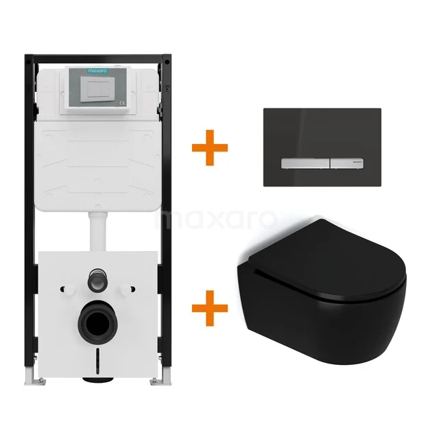 Toiletset Mat zwart met Spoelrand + Maxaro Flush Pro inbouwreservoir met geluidsisolatie TOI2406