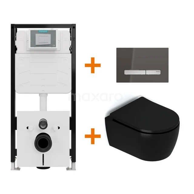 Toiletset Mat zwart met Spoelrand + Maxaro Flush Pro inbouwreservoir met geluidsisolatie TOI2439