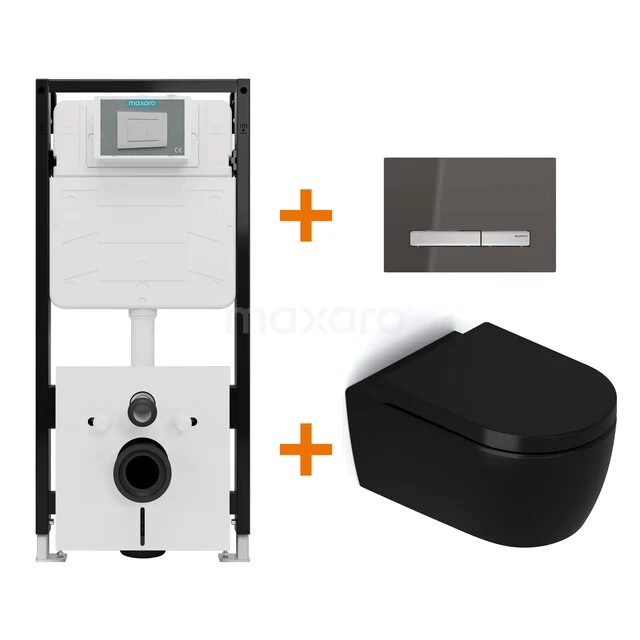 Toiletset Mat zwart zonder Spoelrand + Maxaro Flush Pro inbouwreservoir met geluidsisolatie TOI2440