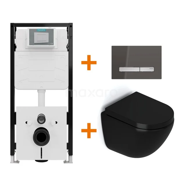 Toiletset Mat zwart zonder Spoelrand + Maxaro Flush Pro inbouwreservoir met geluidsisolatie TOI2451