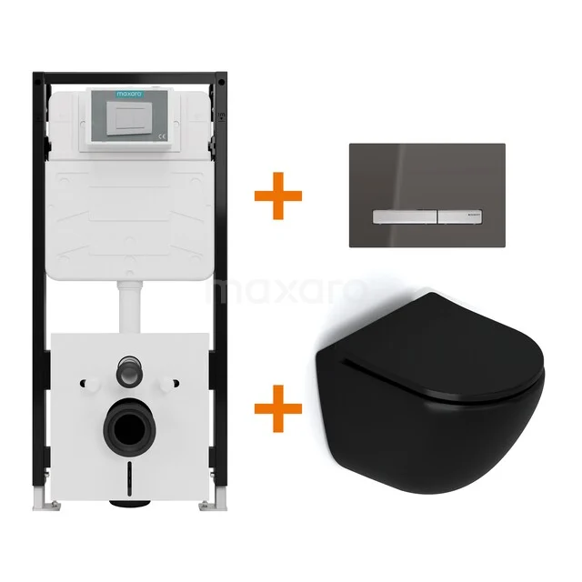 Toiletset Mat zwart zonder Spoelrand + Maxaro Flush Pro inbouwreservoir met geluidsisolatie TOI2452