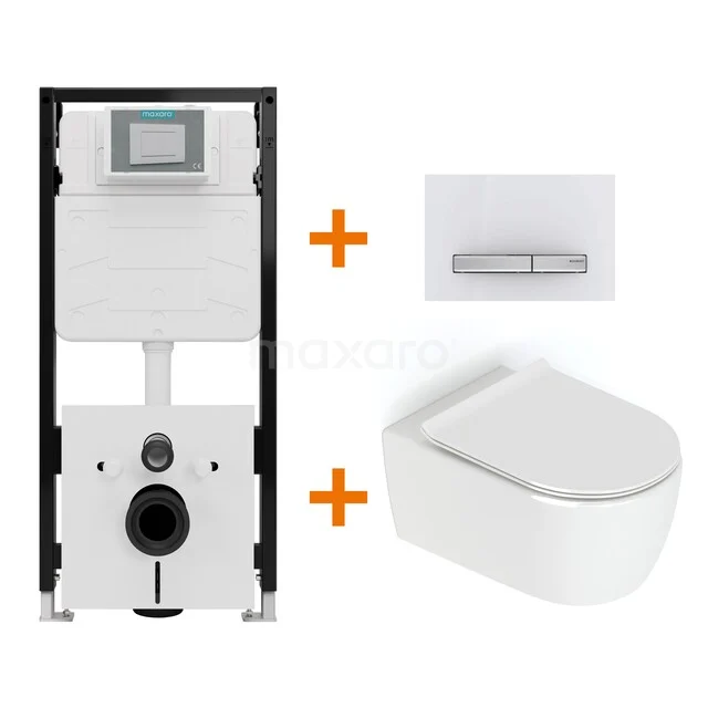 Toiletset Hoogglans wit zonder Spoelrand + Maxaro Flush Pro inbouwreservoir met geluidsisolatie TOI2458