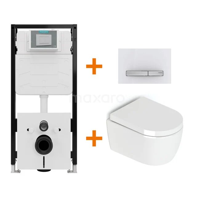 Toiletset Hoogglans wit zonder Spoelrand + Maxaro Flush Pro inbouwreservoir met geluidsisolatie TOI2459