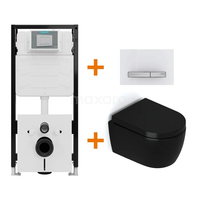 Toiletset Mat zwart zonder Spoelrand + Maxaro Flush Pro inbouwreservoir met geluidsisolatie TOI2475