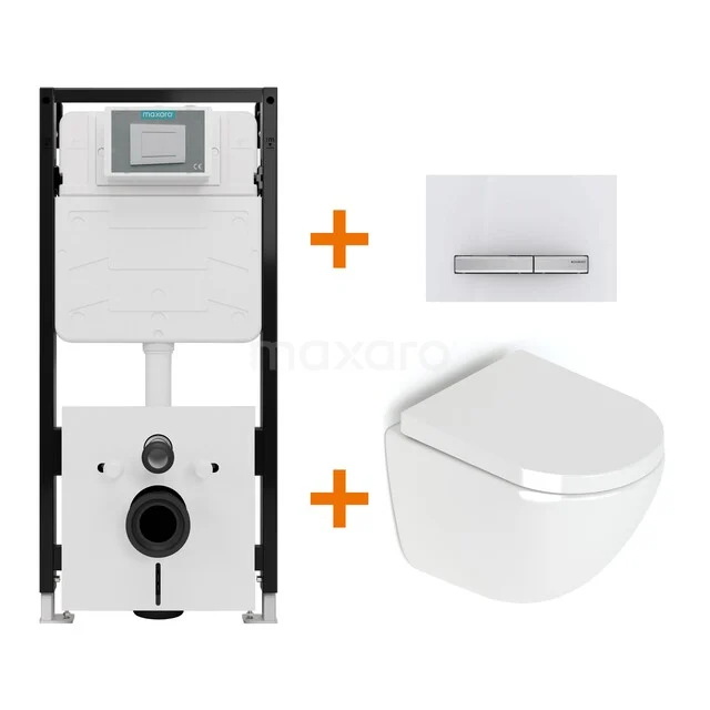 Toiletset Hoogglans wit zonder Spoelrand + Maxaro Flush Pro inbouwreservoir met geluidsisolatie TOI2480