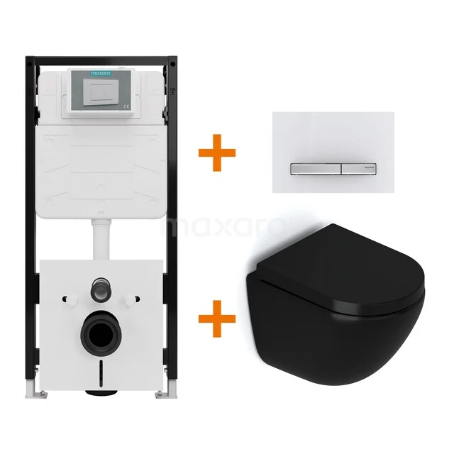 Toiletset Mat zwart zonder Spoelrand + Maxaro Flush Pro inbouwreservoir met geluidsisolatie TOI2484