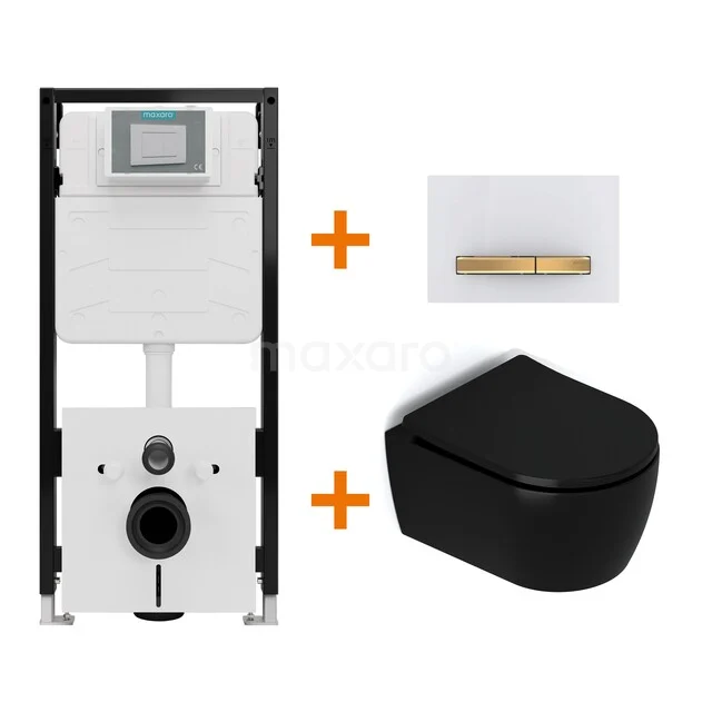 Toiletset Mat zwart met Spoelrand + Maxaro Flush Pro inbouwreservoir met geluidsisolatie TOI2505