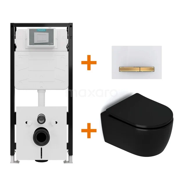 Toiletset Mat zwart zonder Spoelrand + Maxaro Flush Pro inbouwreservoir met geluidsisolatie TOI2509