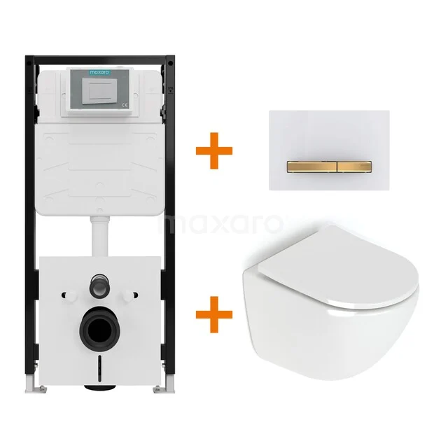 Toiletset Hoogglans wit zonder Spoelrand + Maxaro Flush Pro inbouwreservoir met geluidsisolatie TOI2514