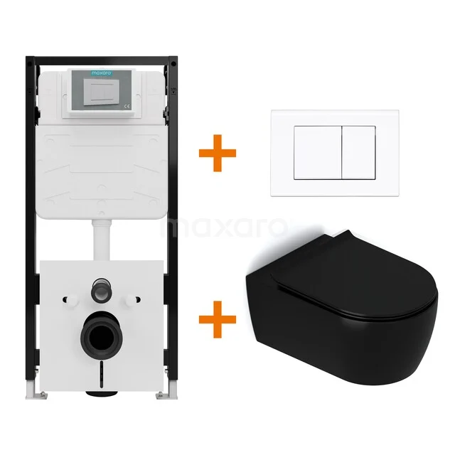 Toiletset Mat zwart met Spoelrand + Maxaro Flush Slim Pro inbouwreservoir met geluidsisolatie TOI2536