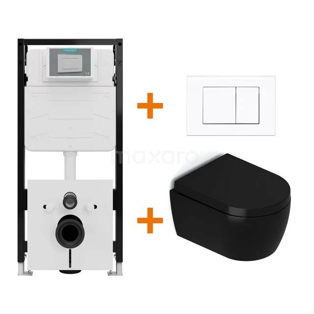 Toiletset Mat zwart met Spoelrand + Maxaro Flush Slim Pro inbouwreservoir met geluidsisolatie TOI2537