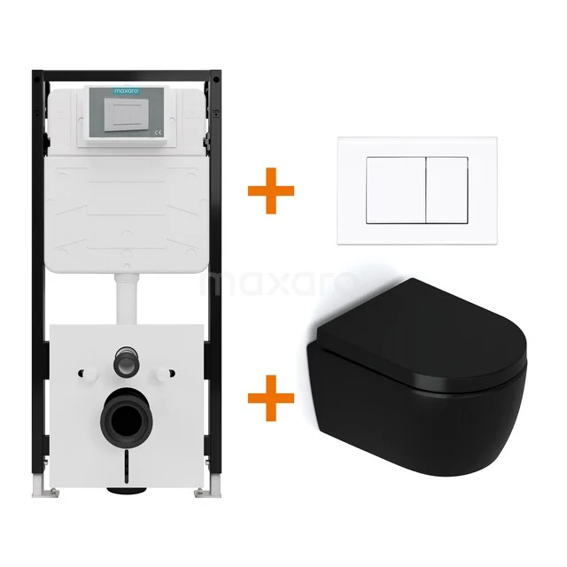 Toiletset Mat zwart zonder Spoelrand + Maxaro Flush Slim Pro inbouwreservoir met geluidsisolatie TOI2541