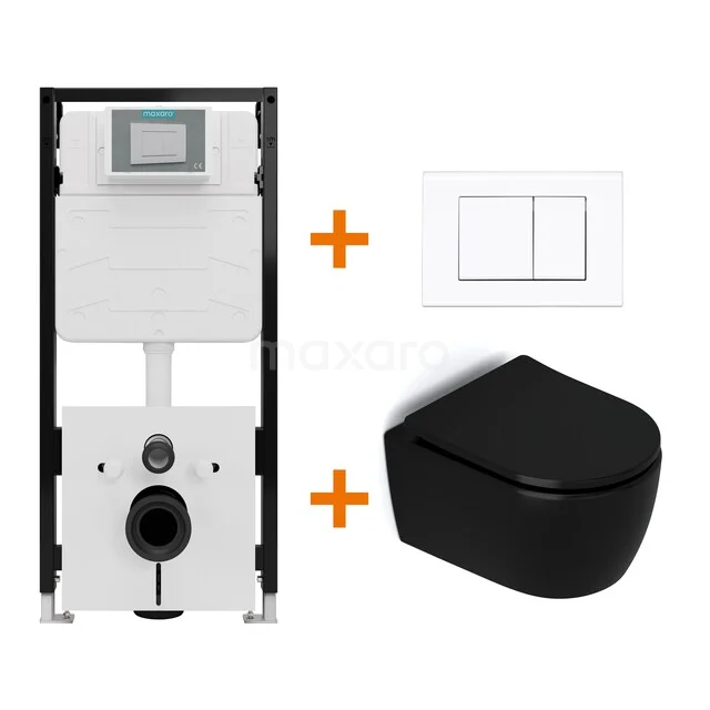 Toiletset Mat zwart zonder Spoelrand + Maxaro Flush Slim Pro inbouwreservoir met geluidsisolatie TOI2542