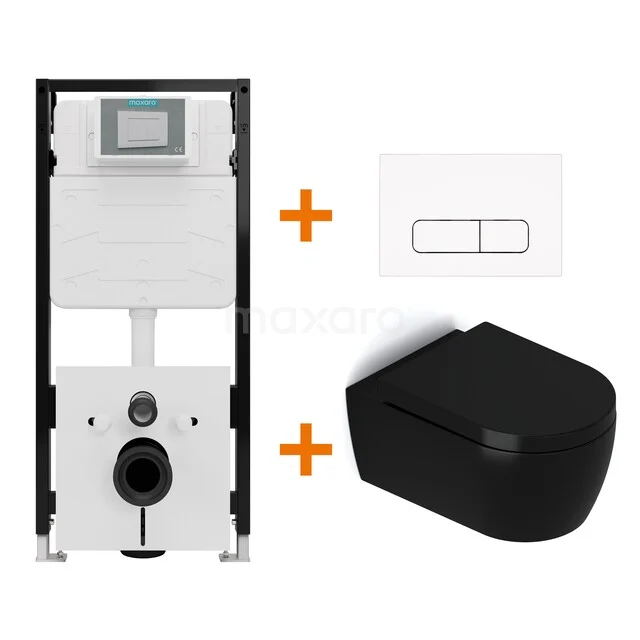 Toiletset Mat zwart met Spoelrand + Maxaro Flush Slim Pro inbouwreservoir met geluidsisolatie TOI2568