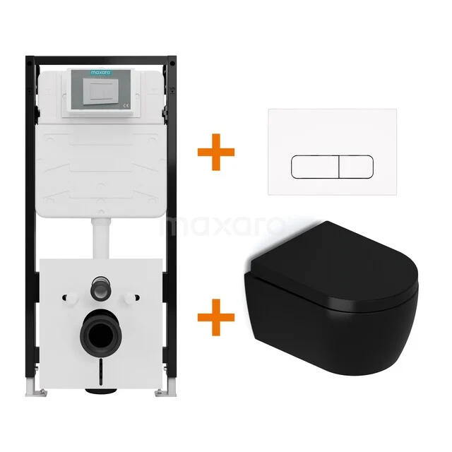 Toiletset Mat zwart met Spoelrand + Maxaro Flush Slim Pro inbouwreservoir met geluidsisolatie TOI2570