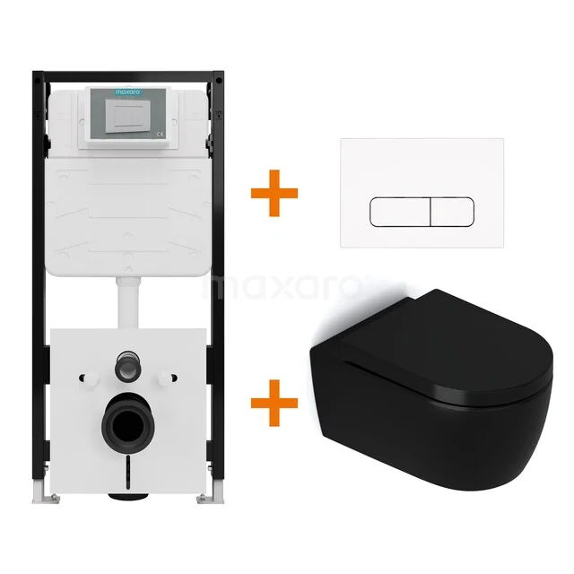 Toiletset Mat zwart zonder Spoelrand + Maxaro Flush Slim Pro inbouwreservoir met geluidsisolatie TOI2572