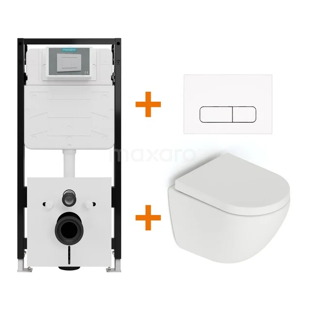 Toiletset Mat wit zonder Spoelrand + Maxaro Flush Slim Pro inbouwreservoir met geluidsisolatie TOI2581