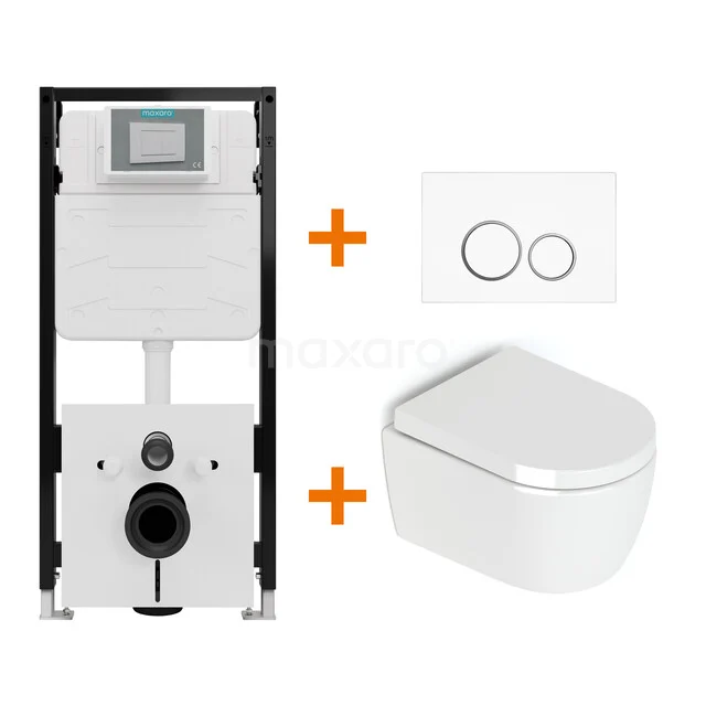 Toiletset Hoogglans wit zonder Spoelrand + Maxaro Flush Slim Pro inbouwreservoir met geluidsisolatie TOI2591