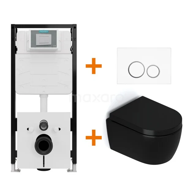 Toiletset Mat zwart zonder Spoelrand + Maxaro Flush Slim Pro inbouwreservoir met geluidsisolatie TOI2607