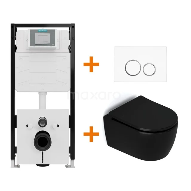Toiletset Mat zwart zonder Spoelrand + Maxaro Flush Slim Pro inbouwreservoir met geluidsisolatie TOI2608