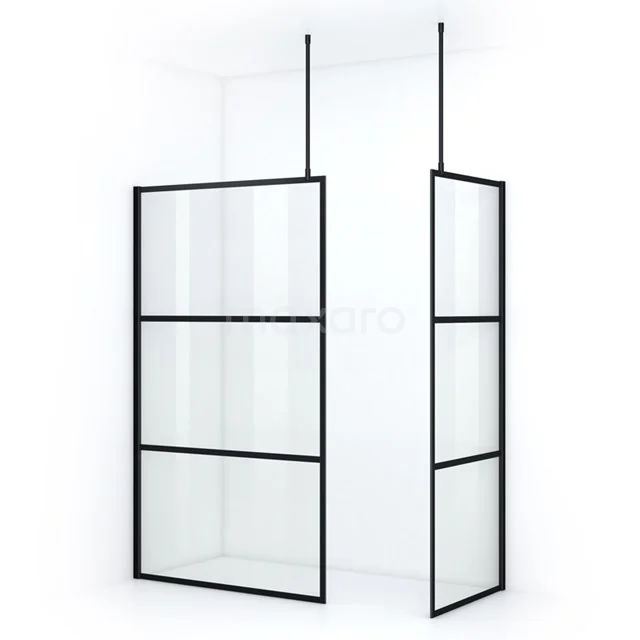 Matte black glass shower screen with steel frame, industrial design, ideal for a modern bathroom.
