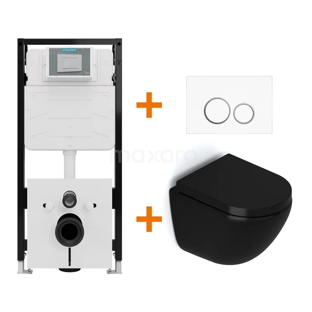 Toiletset Mat zwart zonder Spoelrand + Maxaro Flush Slim Pro inbouwreservoir met geluidsisolatie TOI2616