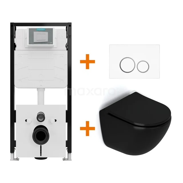 Toiletset Mat zwart zonder Spoelrand + Maxaro Flush Slim Pro inbouwreservoir met geluidsisolatie TOI2617