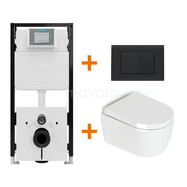 Toiletset Hoogglans wit zonder Spoelrand + Maxaro Flush Slim Pro inbouwreservoir met geluidsisolatie TOI2624