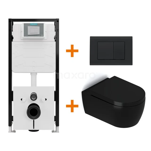 Toiletset Mat zwart met Spoelrand + Maxaro Flush Slim Pro inbouwreservoir met geluidsisolatie TOI2634