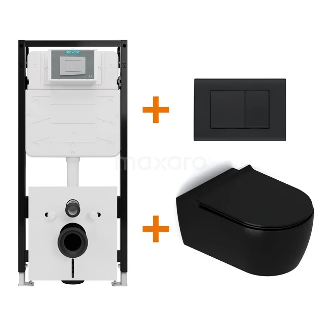 Toiletset Mat zwart met Spoelrand + Maxaro Flush Slim Pro inbouwreservoir met geluidsisolatie TOI2635