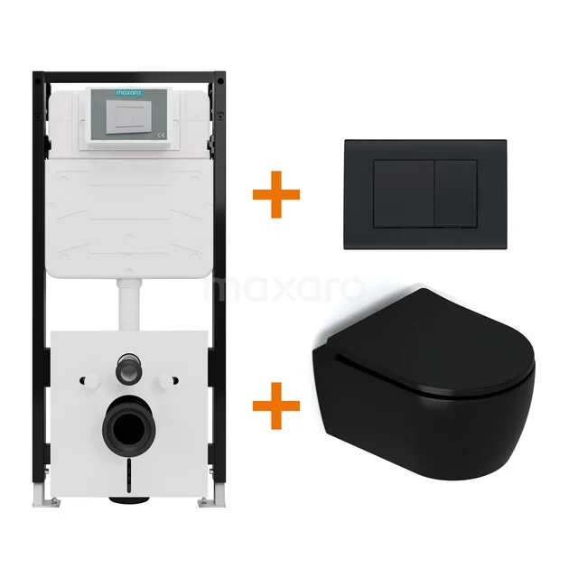 Toiletset Mat zwart met Spoelrand + Maxaro Flush Slim Pro inbouwreservoir met geluidsisolatie TOI2637