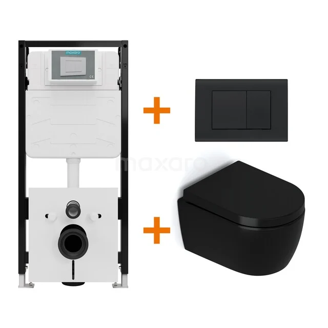 Toiletset Mat zwart zonder Spoelrand + Maxaro Flush Slim Pro inbouwreservoir met geluidsisolatie TOI2640