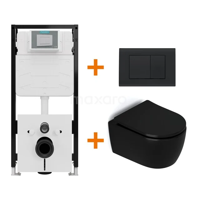 Toiletset Mat zwart zonder Spoelrand + Maxaro Flush Slim Pro inbouwreservoir met geluidsisolatie TOI2641