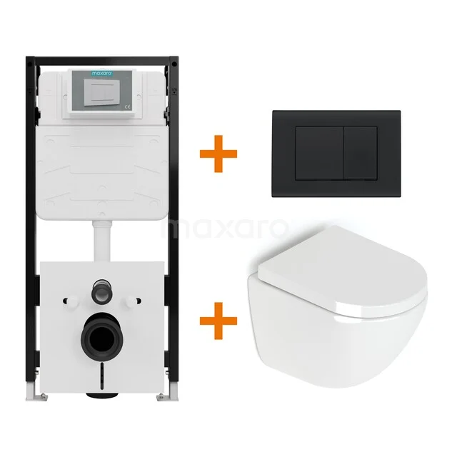 Toiletset Hoogglans wit zonder Spoelrand + Maxaro Flush Slim Pro inbouwreservoir met geluidsisolatie TOI2645