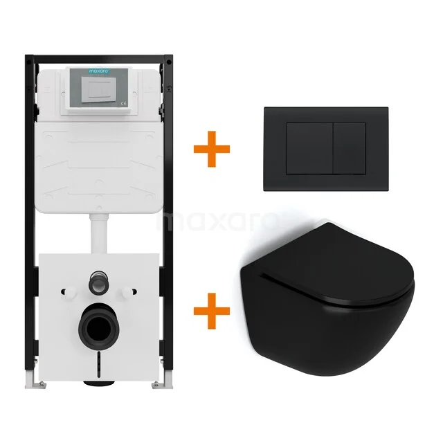 Toiletset Mat zwart zonder Spoelrand + Maxaro Flush Slim Pro inbouwreservoir met geluidsisolatie TOI2650