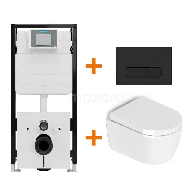 Toiletset Hoogglans wit zonder Spoelrand + Maxaro Flush Slim Pro inbouwreservoir met geluidsisolatie TOI2657