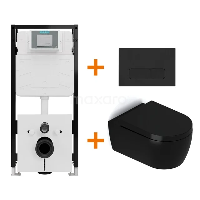 Toiletset Mat zwart met Spoelrand + Maxaro Flush Slim Pro inbouwreservoir met geluidsisolatie TOI2667