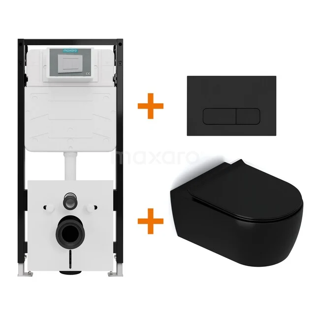 Toiletset Mat zwart met Spoelrand + Maxaro Flush Slim Pro inbouwreservoir met geluidsisolatie TOI2668