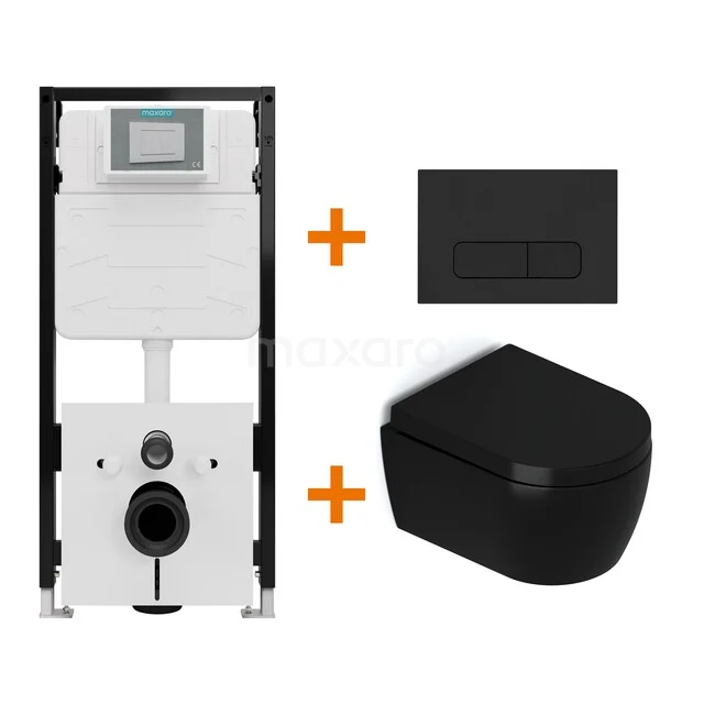 Toiletset Mat zwart met Spoelrand + Maxaro Flush Slim Pro inbouwreservoir met geluidsisolatie TOI2669