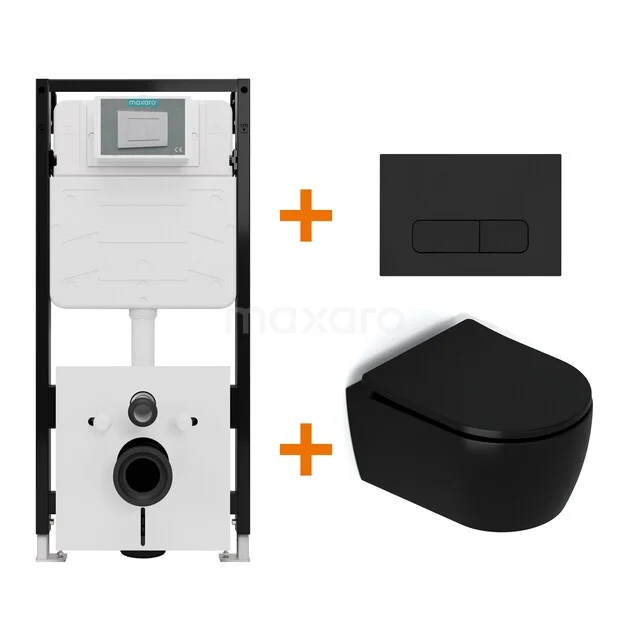 Toiletset Mat zwart met Spoelrand + Maxaro Flush Slim Pro inbouwreservoir met geluidsisolatie TOI2670