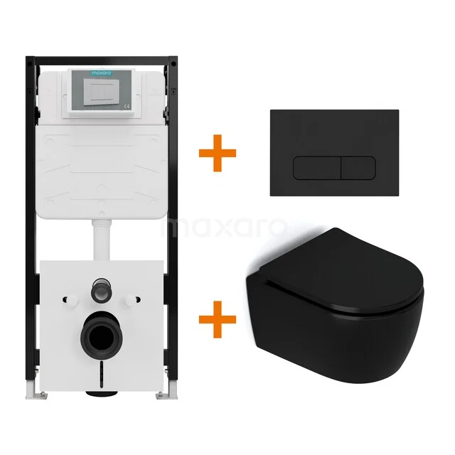 Toiletset Mat zwart zonder Spoelrand + Maxaro Flush Slim Pro inbouwreservoir met geluidsisolatie TOI2674