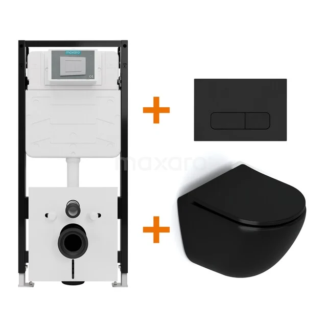 Toiletset Mat zwart zonder Spoelrand + Maxaro Flush Slim Pro inbouwreservoir met geluidsisolatie TOI2683