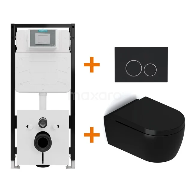 Toiletset Mat zwart met Spoelrand + Maxaro Flush Slim Pro inbouwreservoir met geluidsisolatie TOI2700