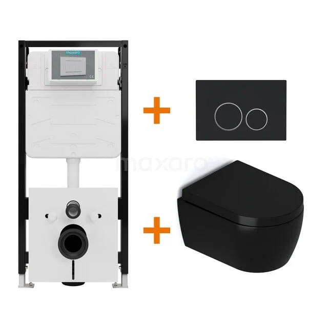 Toiletset Mat zwart met Spoelrand + Maxaro Flush Slim Pro inbouwreservoir met geluidsisolatie TOI2702