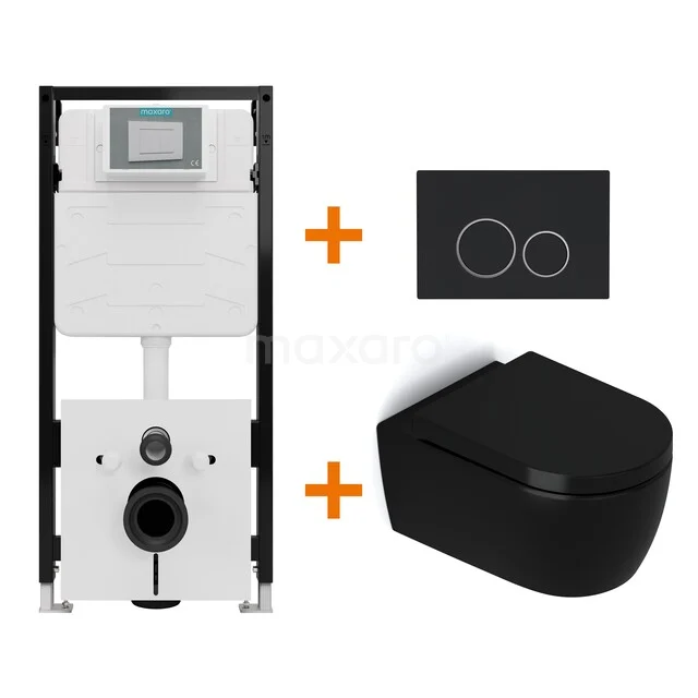 Toiletset Mat zwart zonder Spoelrand + Maxaro Flush Slim Pro inbouwreservoir met geluidsisolatie TOI2704