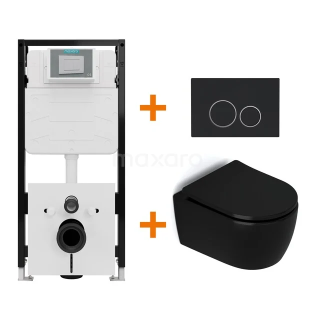 Toiletset Mat zwart zonder Spoelrand + Maxaro Flush Slim Pro inbouwreservoir met geluidsisolatie TOI2707