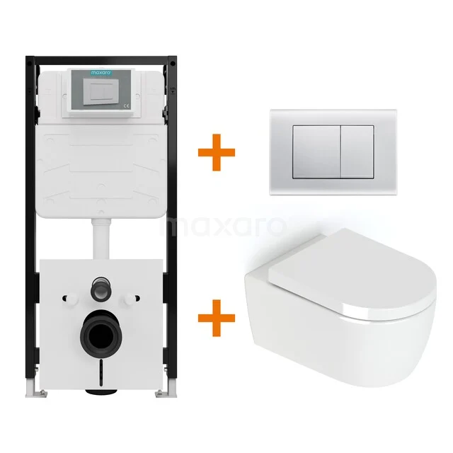 Toiletset Hoogglans wit zonder Spoelrand + Maxaro Flush Slim Pro inbouwreservoir met geluidsisolatie TOI2721